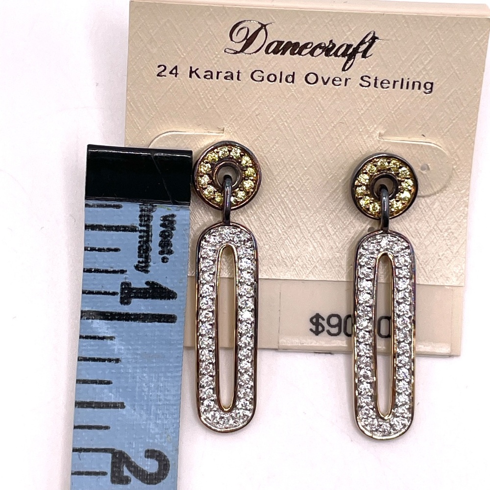 Danecraft 24K Gold Over Sterling Pave Rhinestone Drop Pierced Earrings - Picture 11 of 13